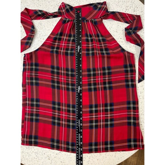 J Crew Size 2 Small Festive Red Holiday Tartanplaid  Bow Neck Top Halter Office - Picture 8 of 9